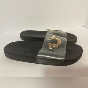True Religion Elle slides sandals size 8 black clear with gold emblem brand logo